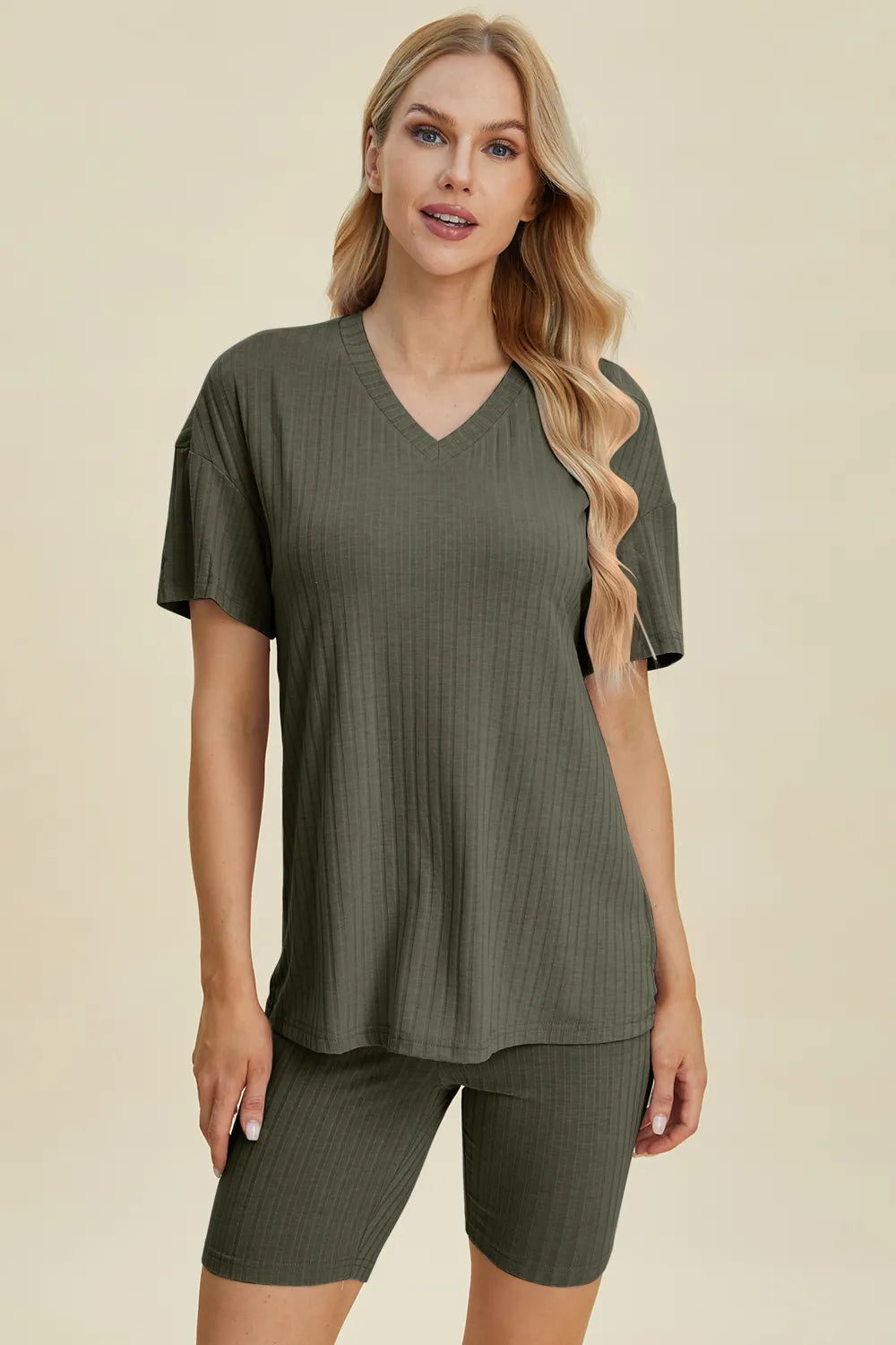Moss green ribbed V-neck short-sleeve top and matching biker shorts set