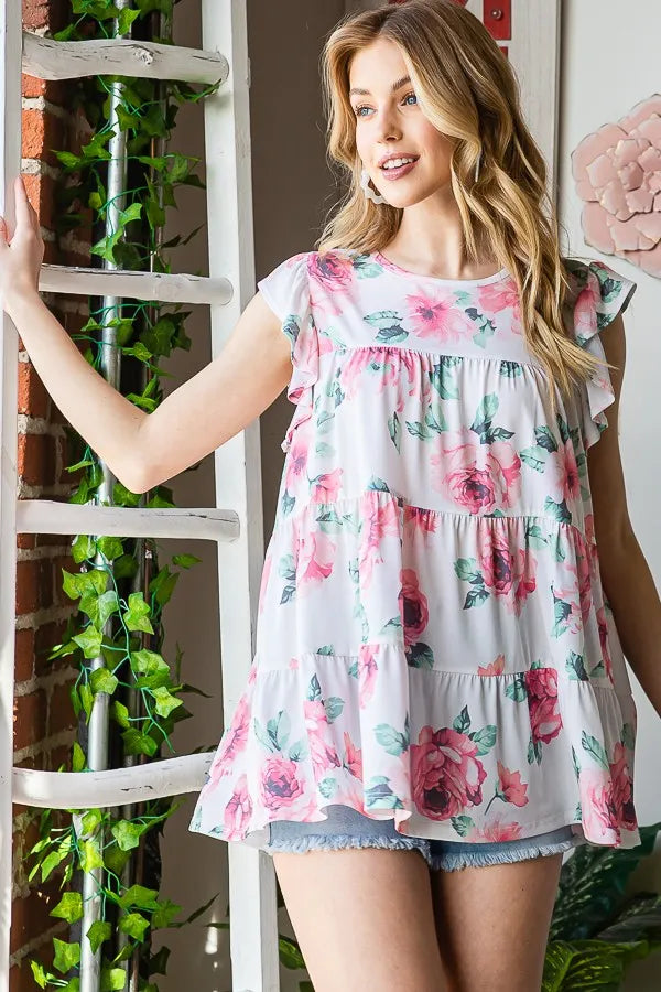 Cream floral tiered babydoll top with flutter sleeves and round neck, plus size