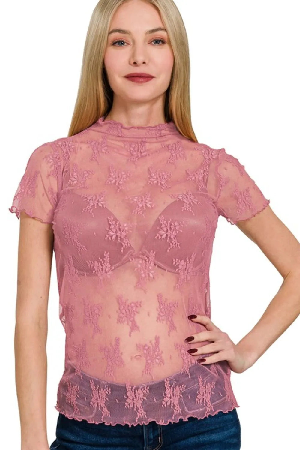 Short sleeve lace layering top in LT Rose, sheer floral pattern