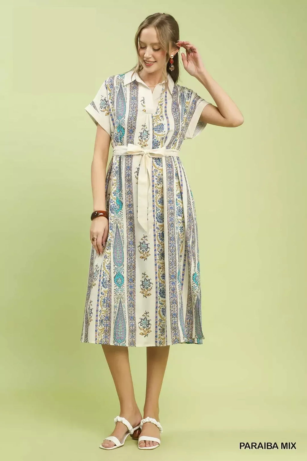 Umgee midi dress in Paraiba mix print, tie-waist, short sleeves, button-front