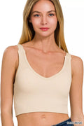 Sand beige ribbed seamless cropped bra tank with V-neck, removable padded cups