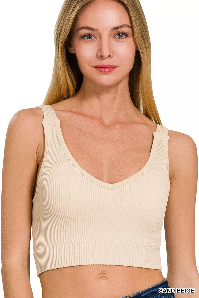 Sand beige ribbed seamless cropped bra tank with V-neck, removable padded cups