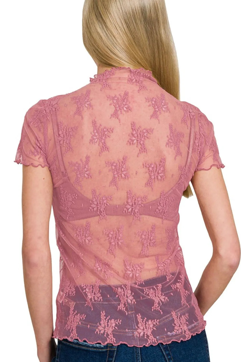 Back view of LT Rose sheer lace short sleeve top with high neck