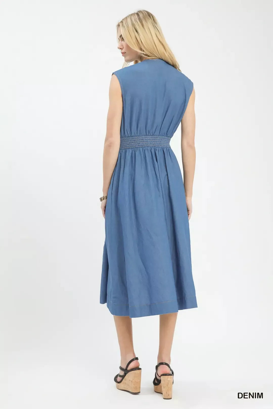 Denim midi dress sleeveless with smocked waist, back view