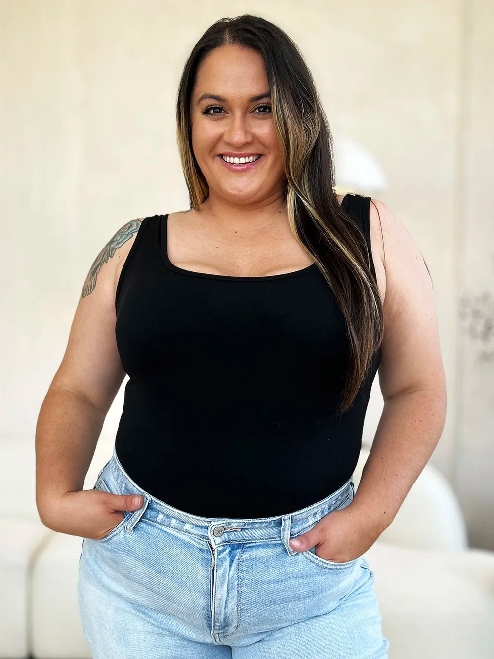 Square-neck sleeveless bodysuit, black, full-coverage