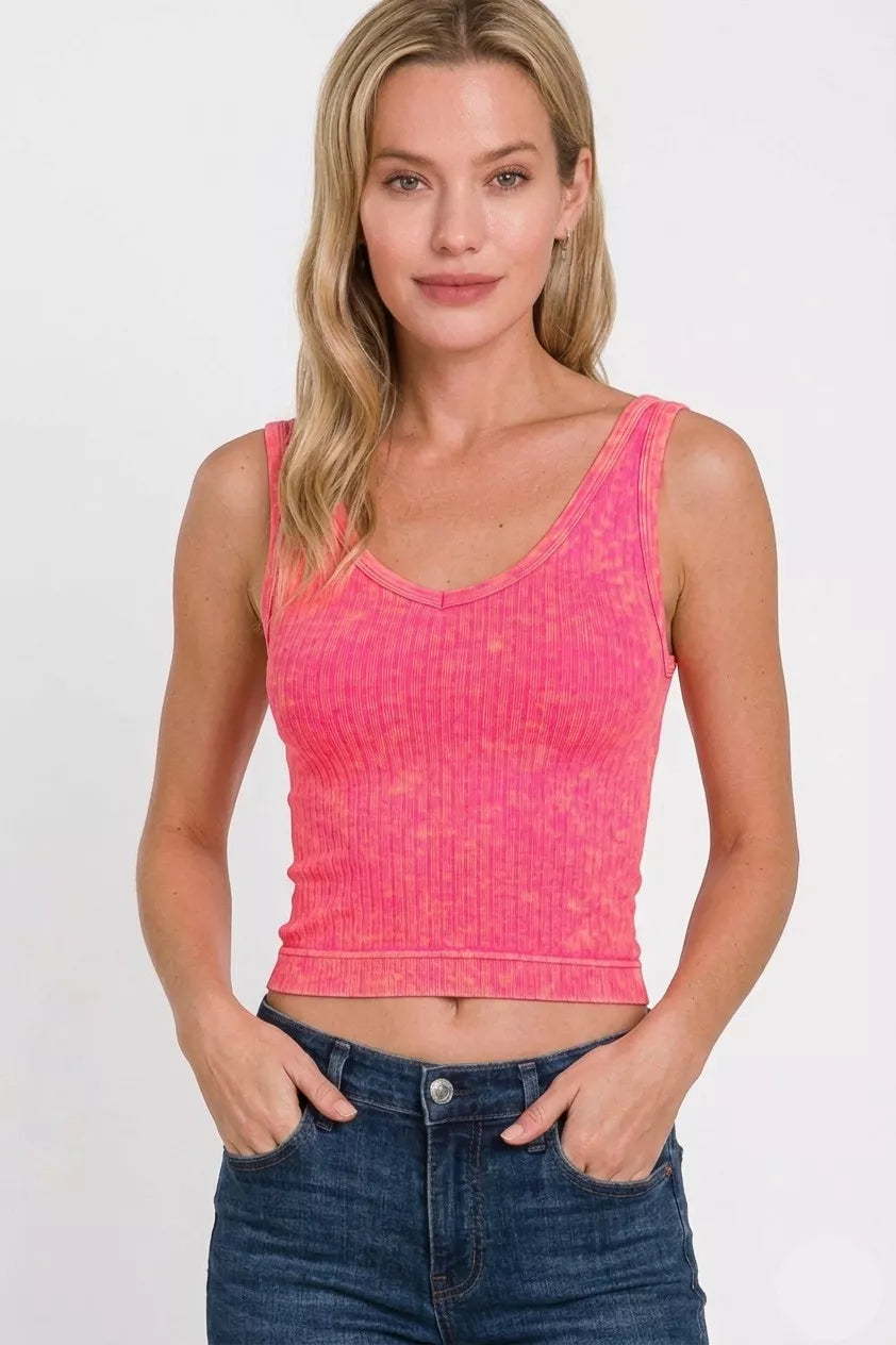 Coral fuchsia ribbed seamless cropped V-neck tank top, straight hem