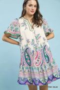 Pink/Blue paisley mini dress with flutter sleeves and V-neck green trim