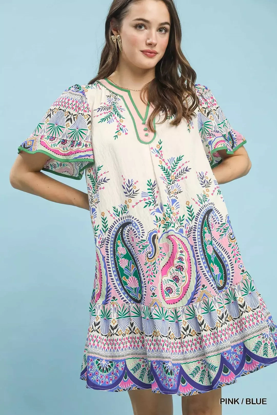 Pink/Blue paisley mini dress with flutter sleeves and V-neck green trim