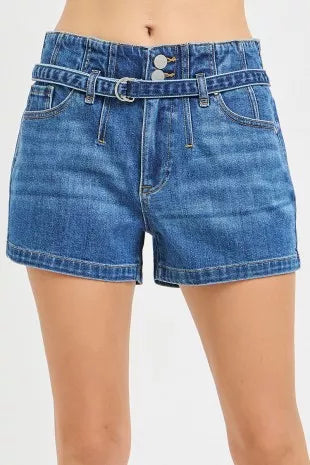 Dark-wash denim slouchy shorts with belt loops and button front