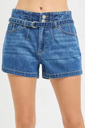 Dark-wash denim slouchy shorts with belt loops and button front
