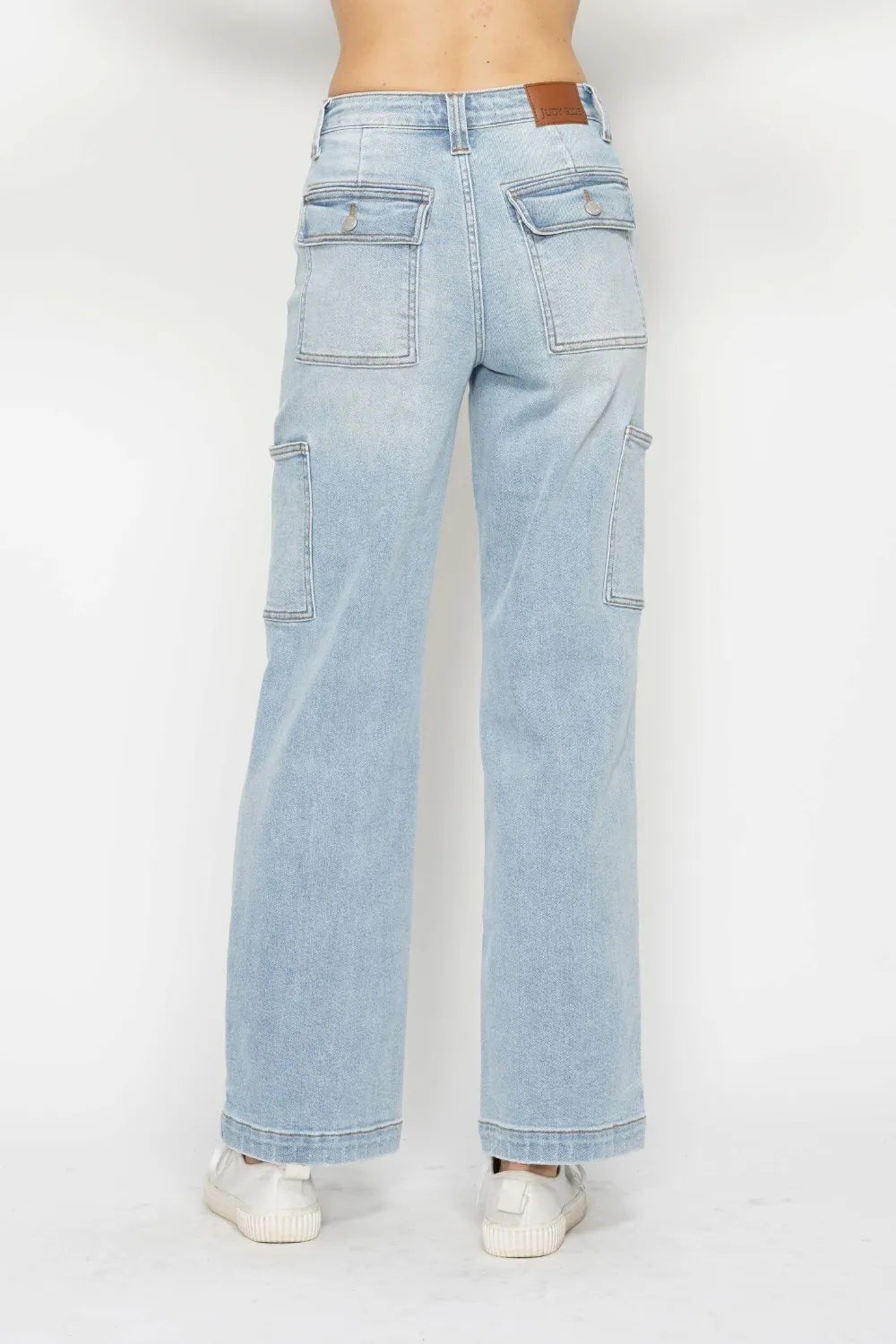 Light blue high-waist straight cargo jeans, back view with patch pockets
