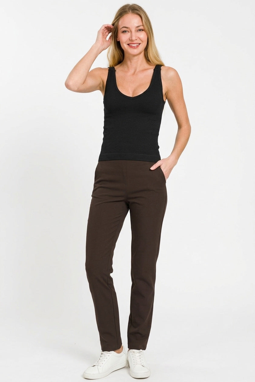 Black ribbed seamless padded V-neck tank top, sleeveless