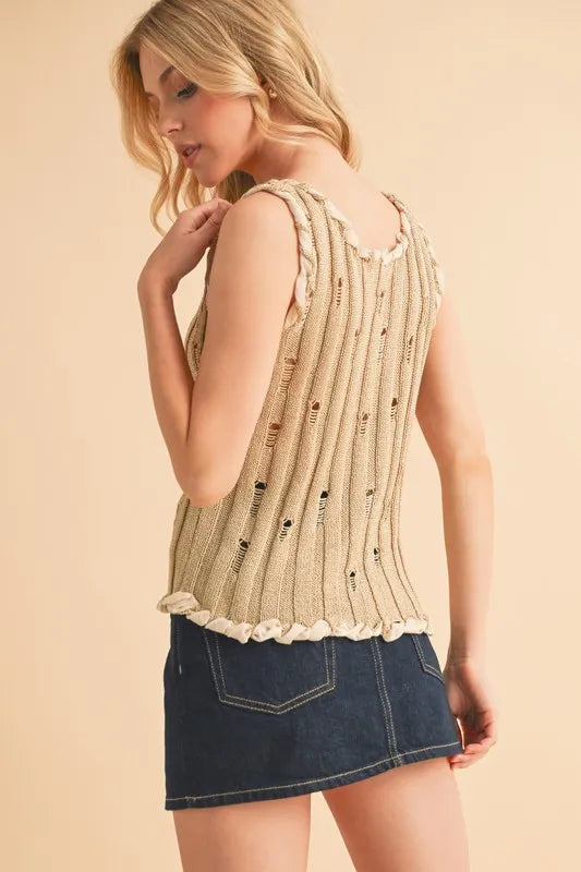 Side view of khaki distressed knit tank with textured stitch pattern and raw scalloped edges
