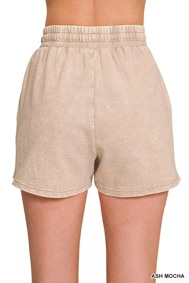 Ash mocha french terry shorts with elastic waistband and relaxed straight legs