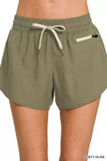Zenana dusty olive lined shorts with elastic waist, drawstring, and zip coin pocket