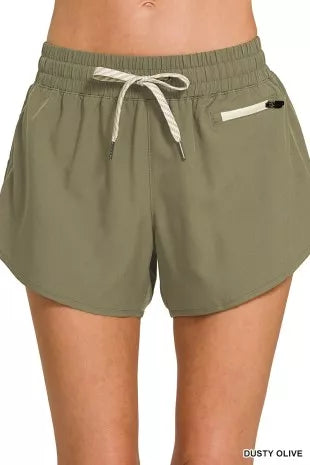 Zenana dusty olive lined shorts with elastic waist, drawstring, and zip coin pocket