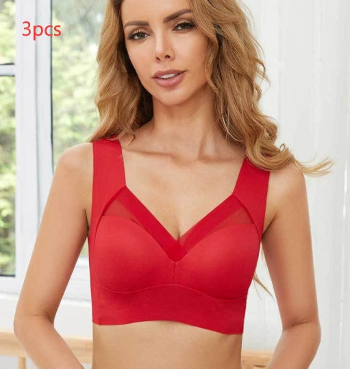 Wire-free full coverage comfort bra, red, sheer V yoke and wide straps