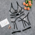 Black mesh underwear 4-piece set with bra, garter straps, and matching briefs