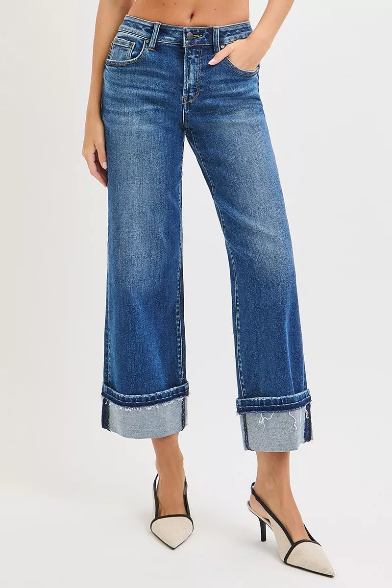 Cuffed ankle straight jeans with zip fly and belt loops, dark wash denim