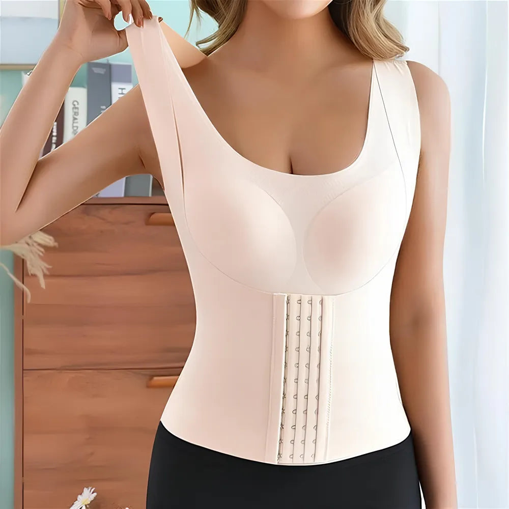 Apricot scoop-neck shapewear tank with removable padded cups; smoothing front panel