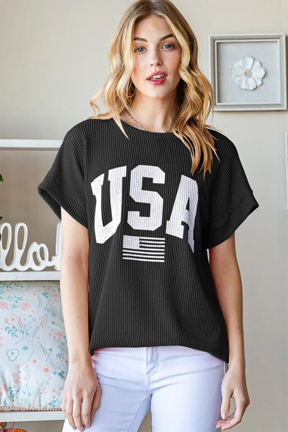 Heimish black ribbed short-sleeve top with large USA graphic front