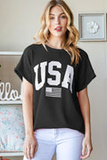 Heimish black ribbed short-sleeve top with large USA graphic front