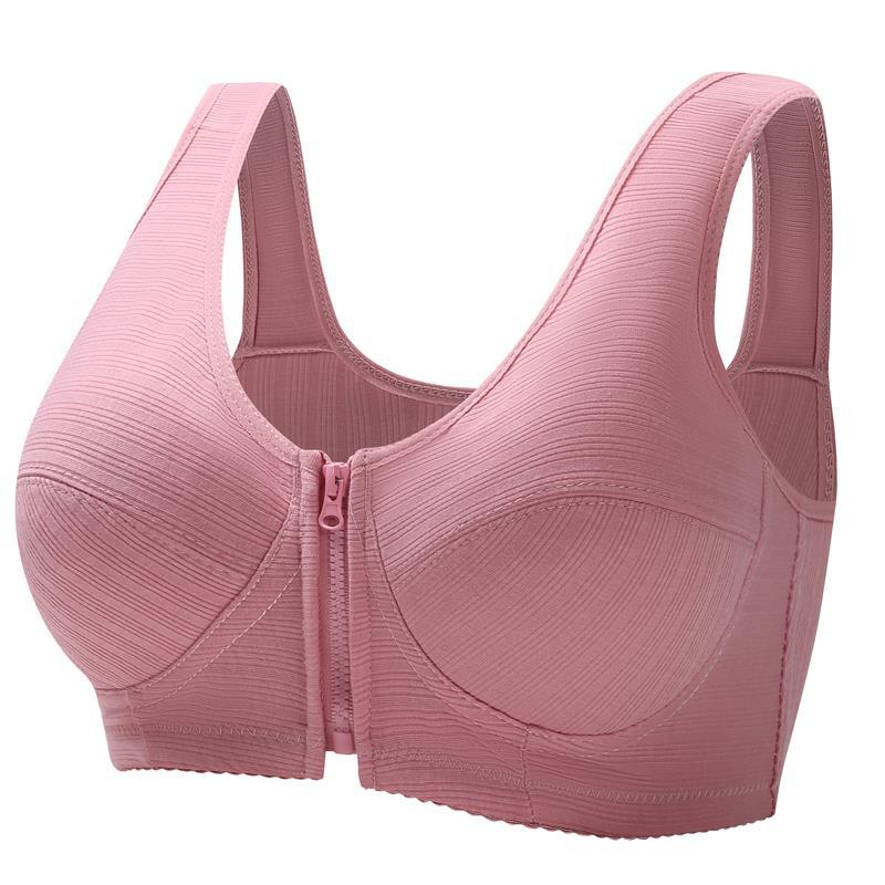 Underwire vest-style bra, dusty rose pink with front zipper closure (side view)
