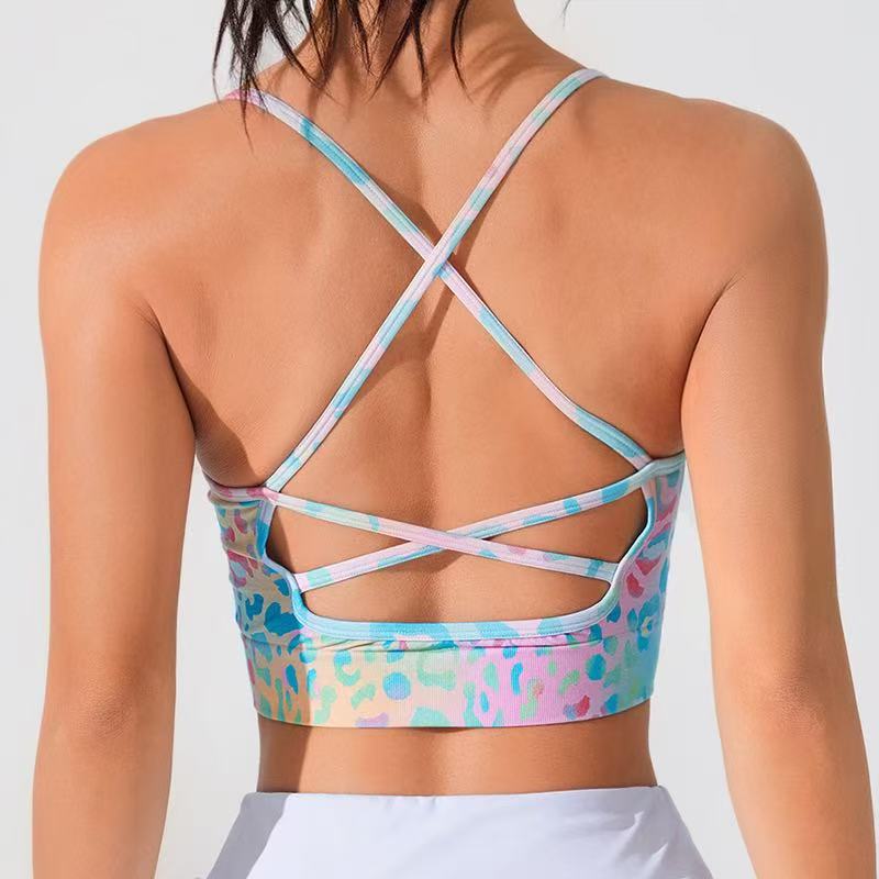 Floral print sports bra with crisscross back straps and open back