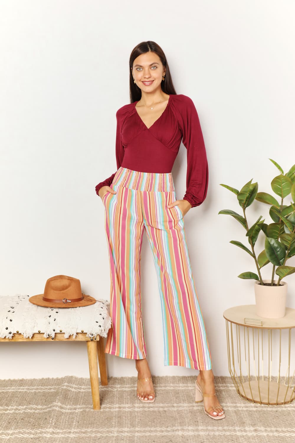 Striped smocked-waist pants with pockets, wide-leg silhouette