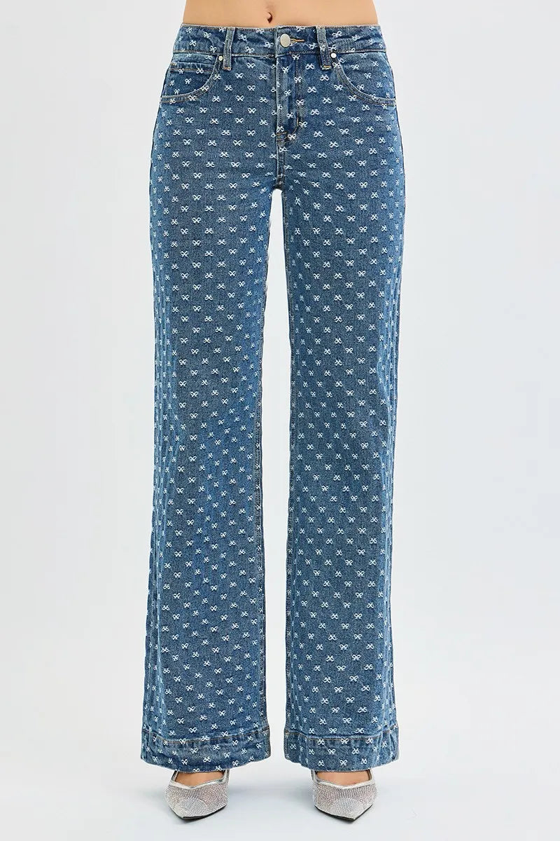 High-Rise Wide-Leg Jeans aus dunklem Denim mit Schleifenstickerei