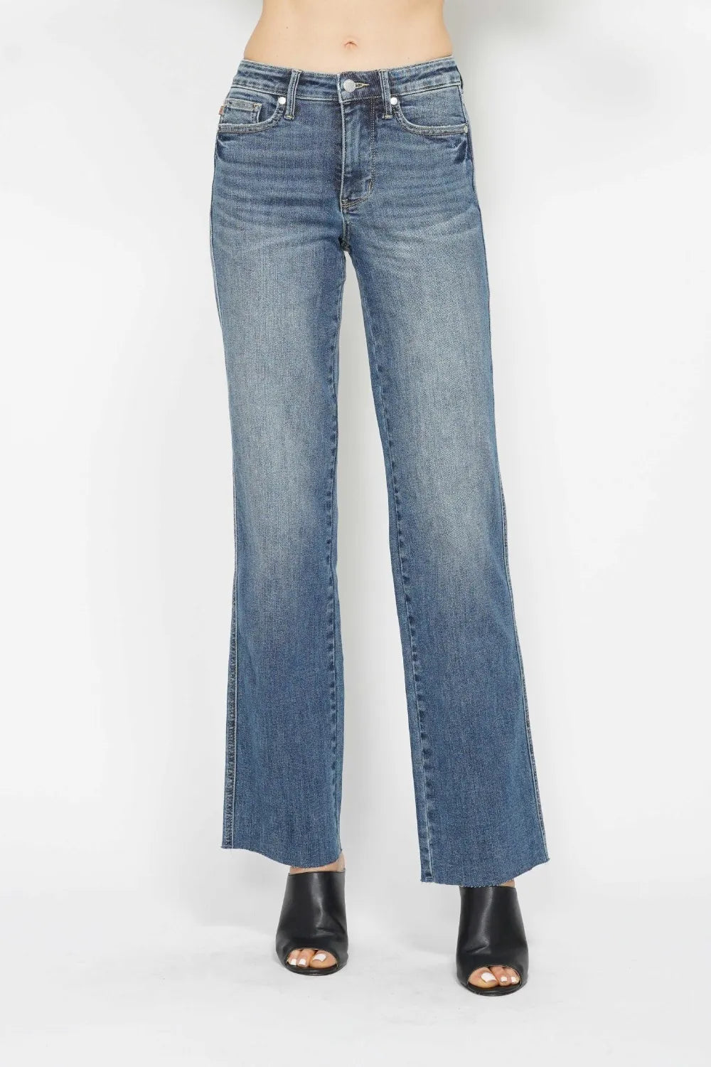 Medium wash straight jeans with tummy control waistband, full size