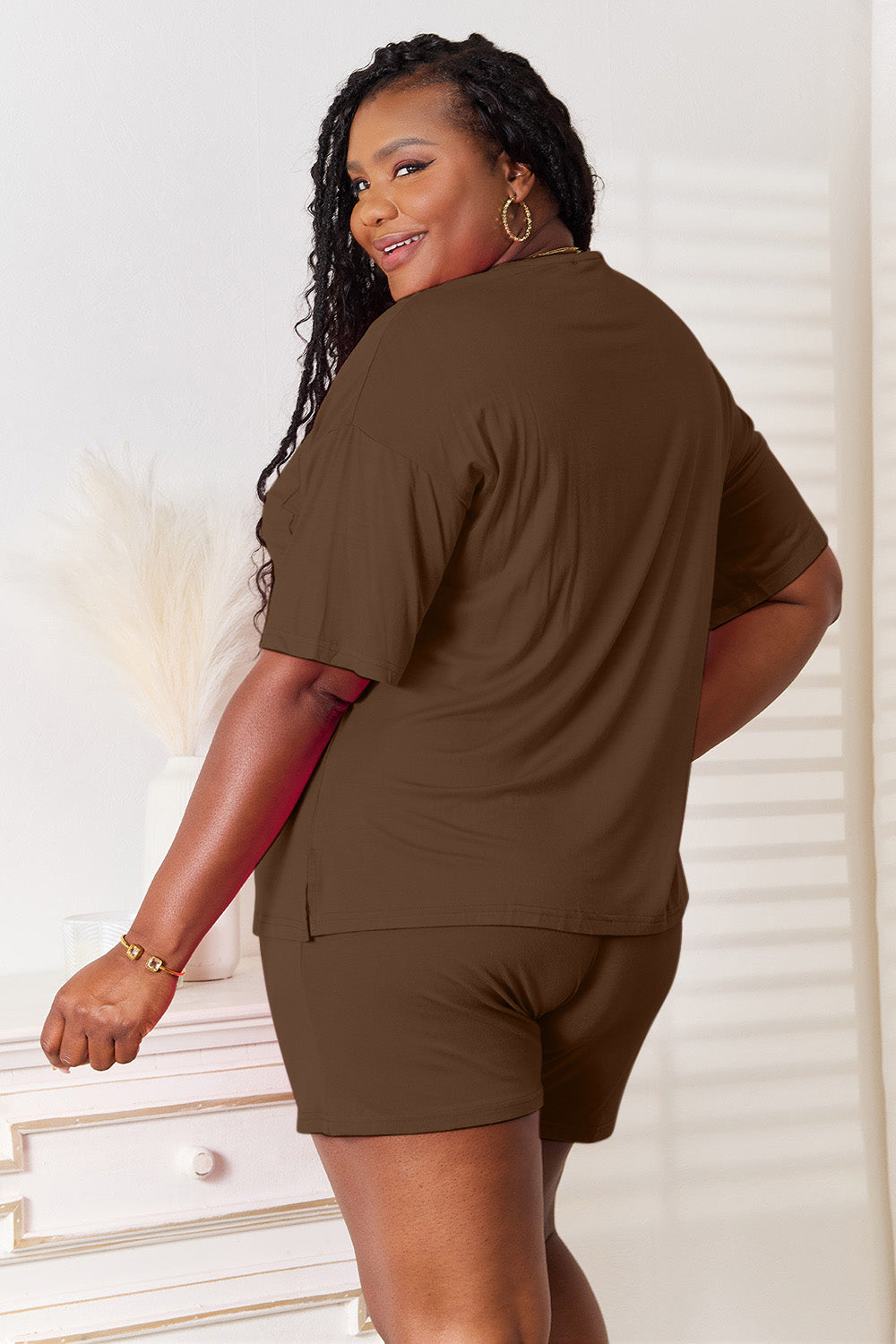 Brown rayon top and shorts set, back view with half-sleeve crewneck and matching shorts
