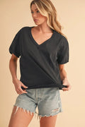 Black V-neck short-sleeve T-shirt, front view with gathered hem