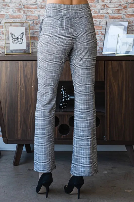 Gray plaid flare pants with wide waistband, smooth wide-leg shape