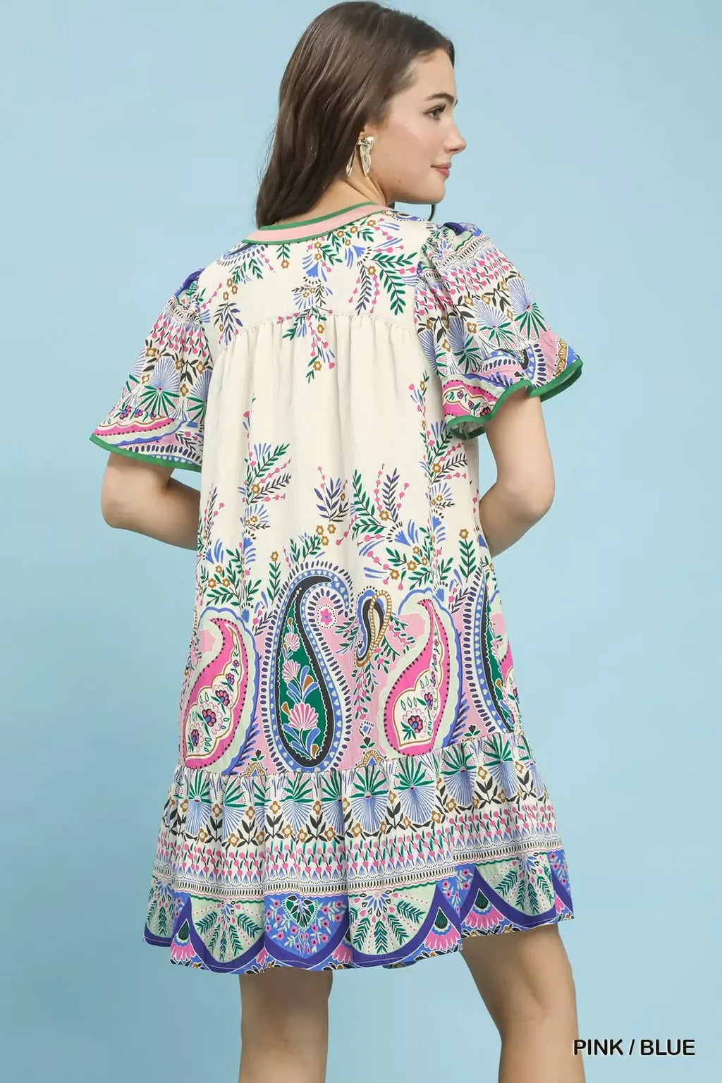 Back view of Pink/Blue paisley mini dress with flutter sleeves and ruffled hem