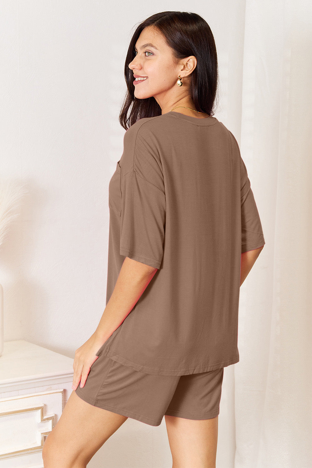 Brown rayon top and shorts set, back view showing half sleeves and matching shorts