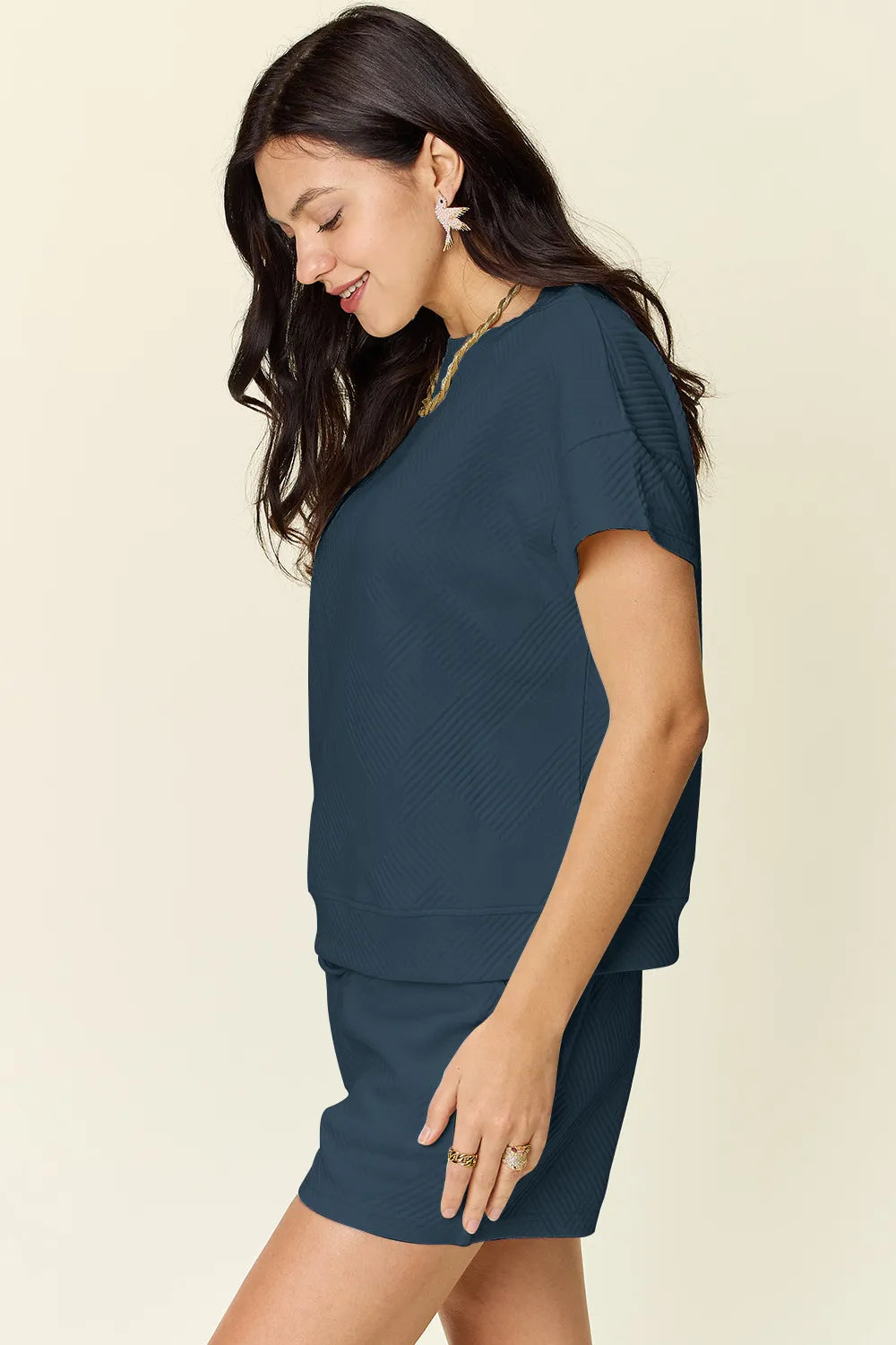 Deep blue textured T-shirt and matching drawstring shorts set, side view