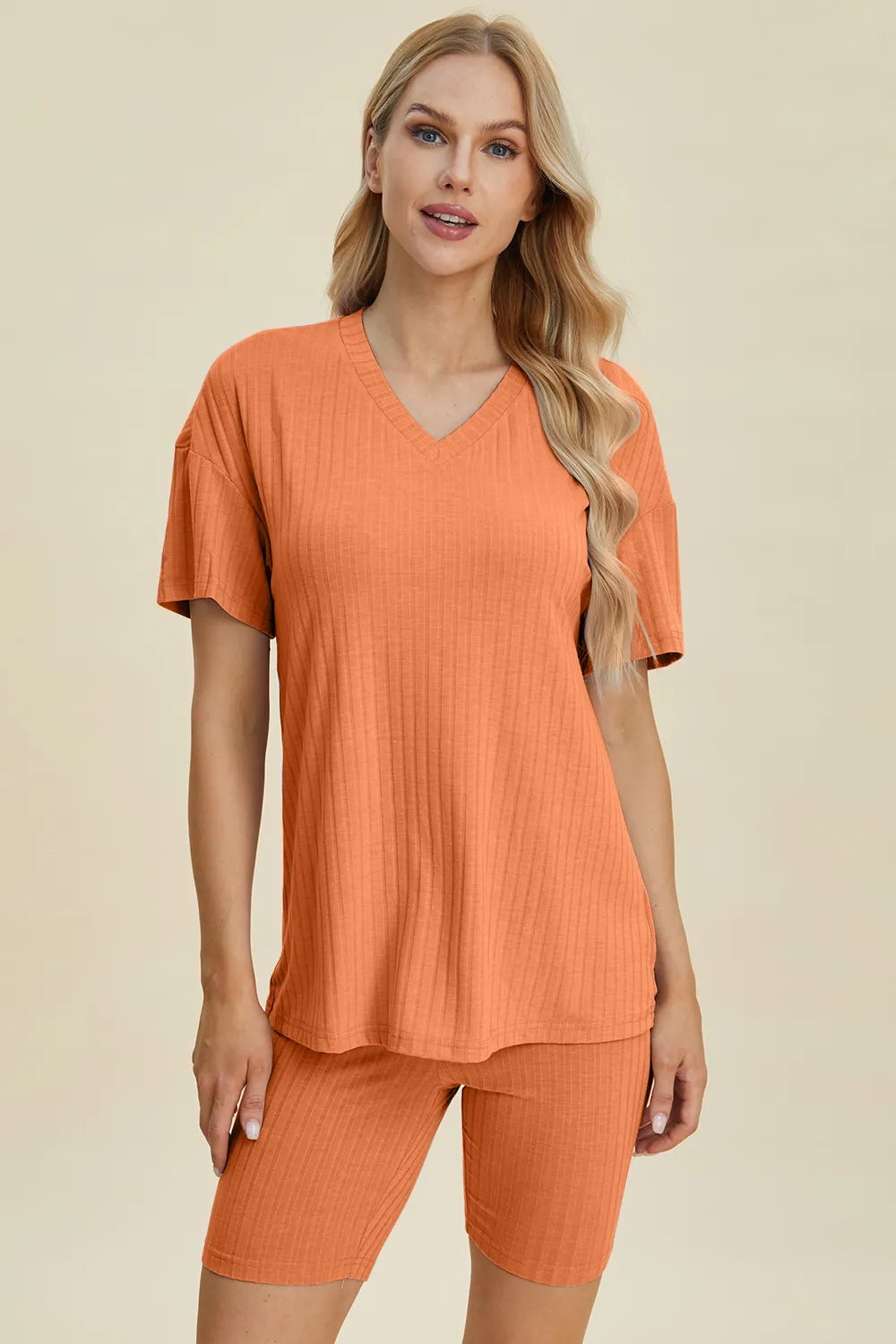 Ribbed v-neck short sleeve top with matching shorts set, orange, front view