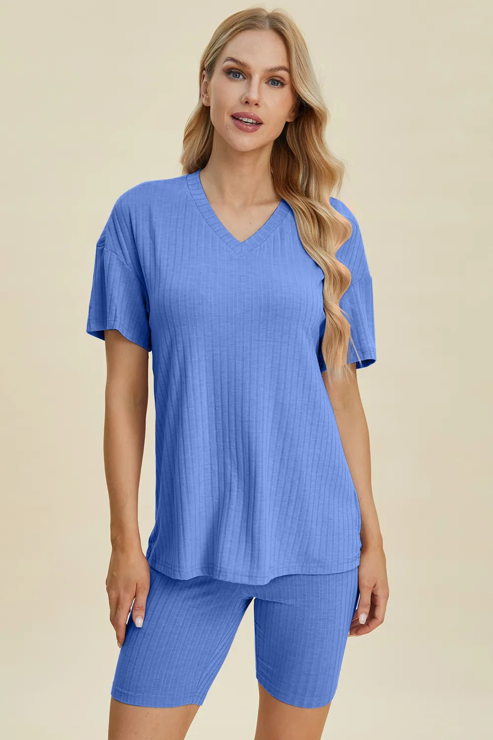 Blue ribbed V-neck short-sleeve top and matching biker shorts set