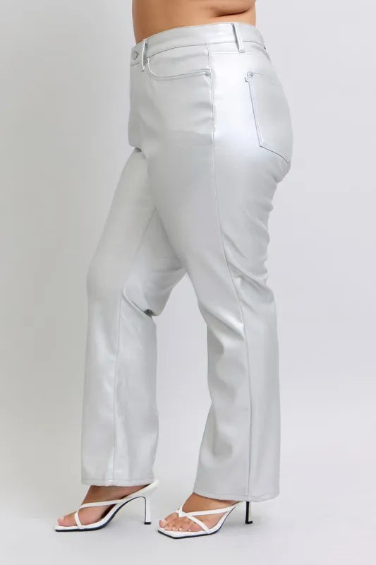 High-waist metallic faux leather pants with slant front pockets and wide leg