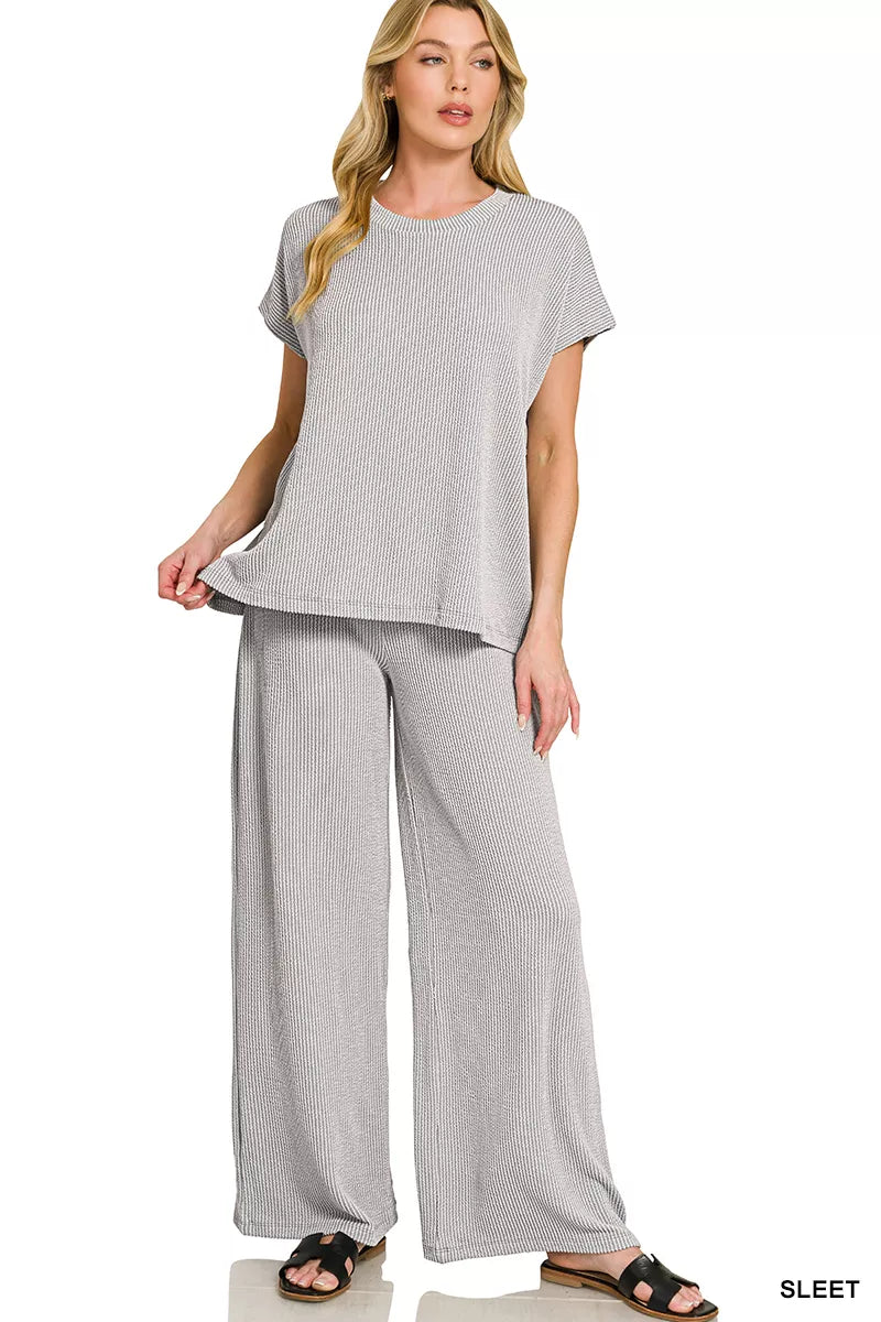 Relaxed top & wide-leg pants set, raised rib texture, SLEET gray, short sleeves