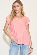 Coral pink ruffled short-sleeve notched V-neck t-shirt