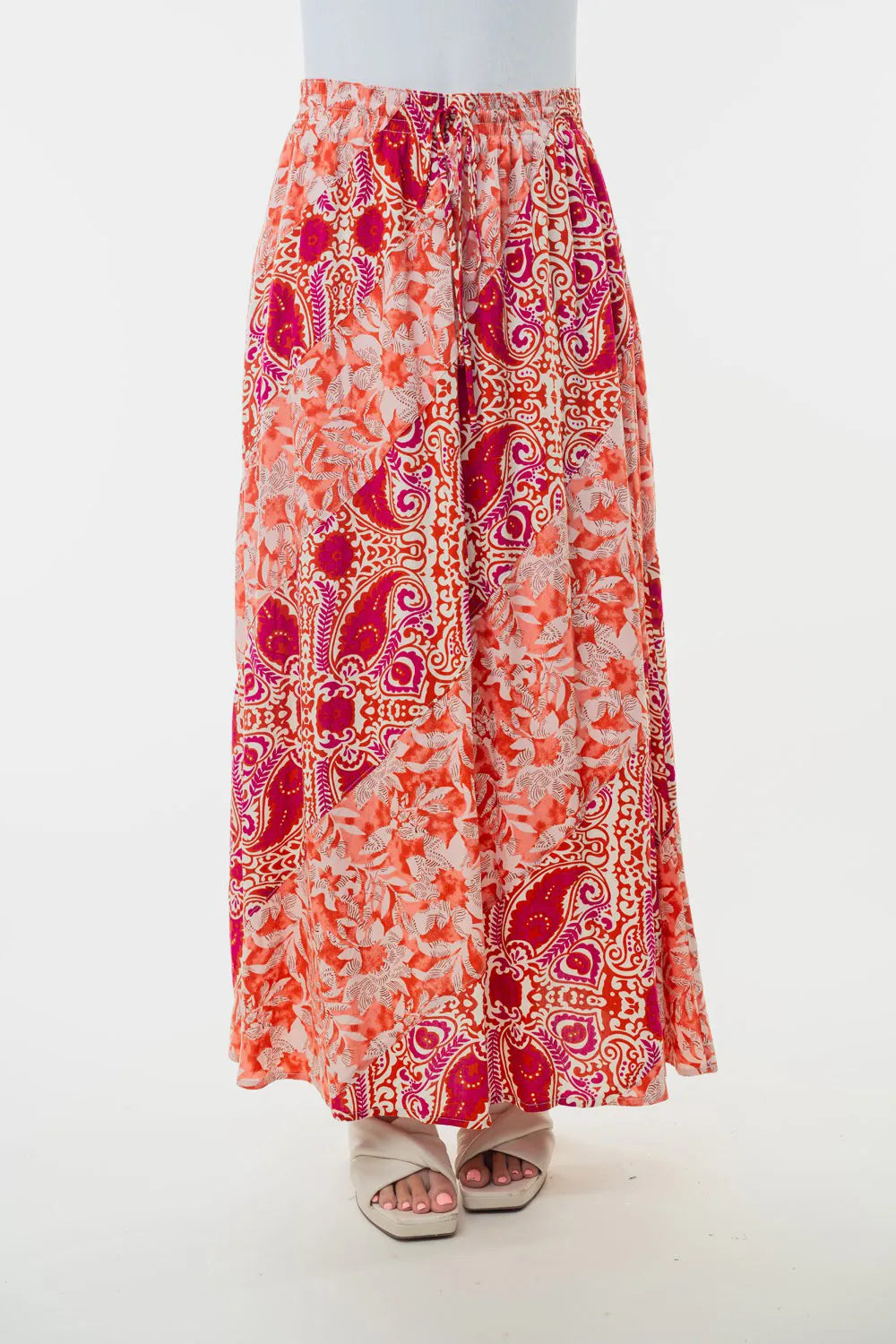 Orange floral woven maxi skirt, gathered elastic waist, full swirled skirt
