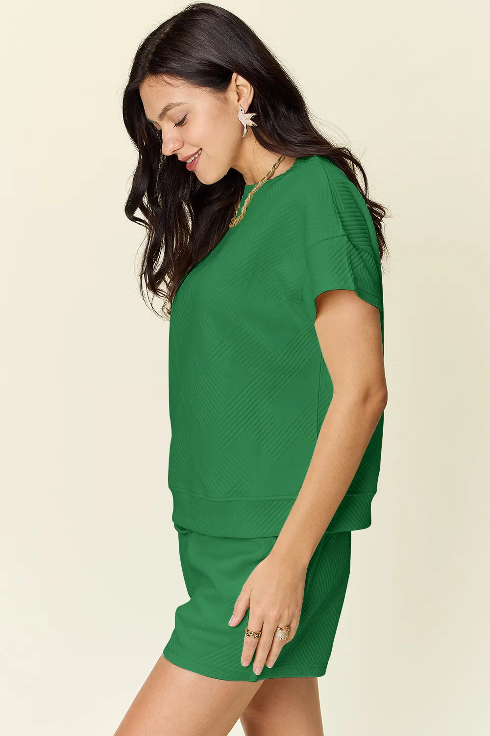 Green textured T-shirt and matching drawstring shorts set, side view