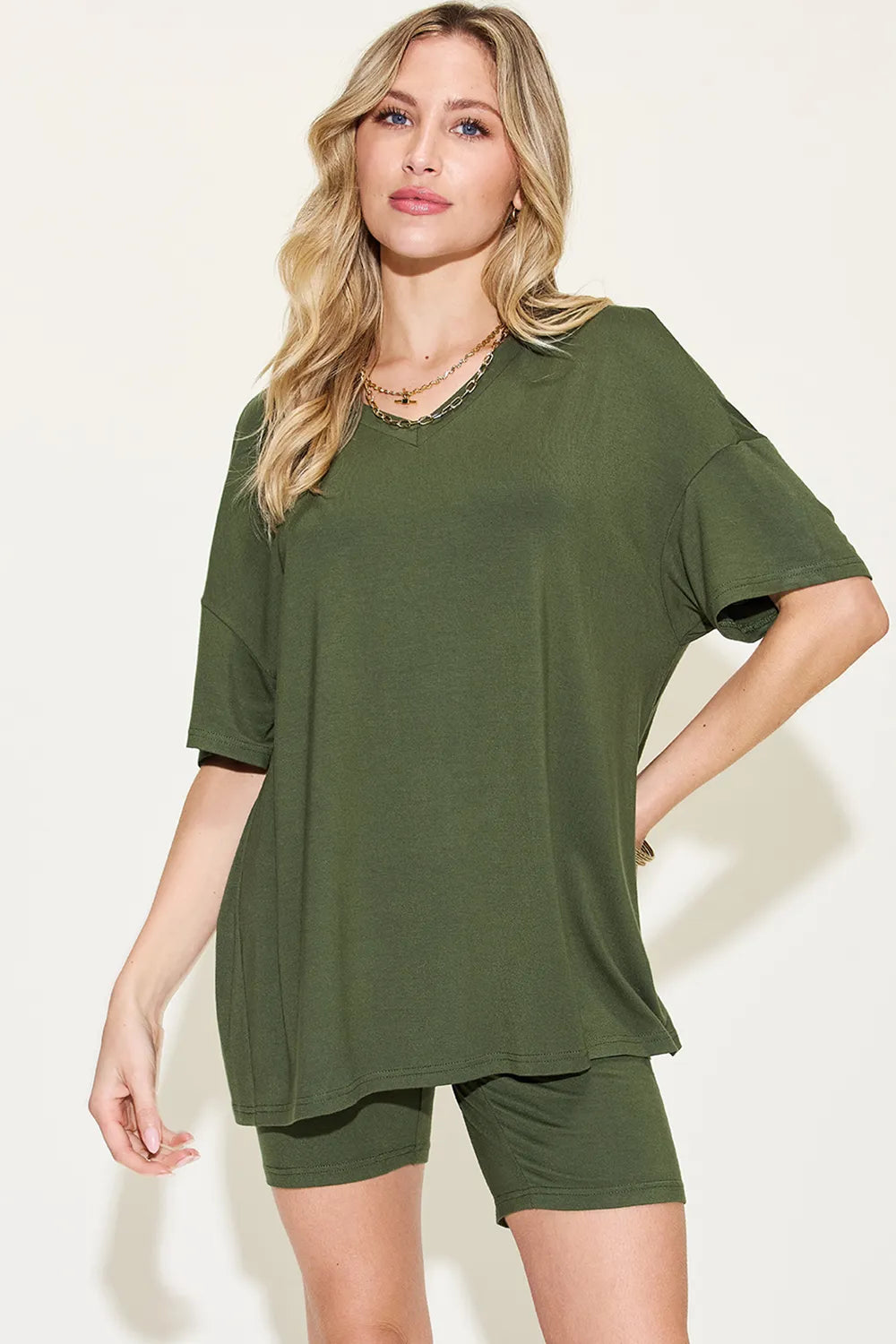 Dark green V-neck drop-shoulder T-shirt and shorts set