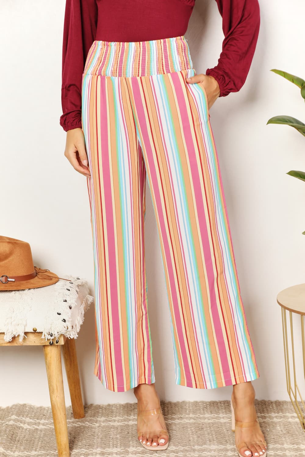Multicolor striped smocked-waist pants with pockets, wide-leg fit