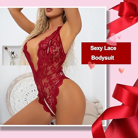 Red lace deep V bodysuit with sleeveless straps and scalloped lace edges