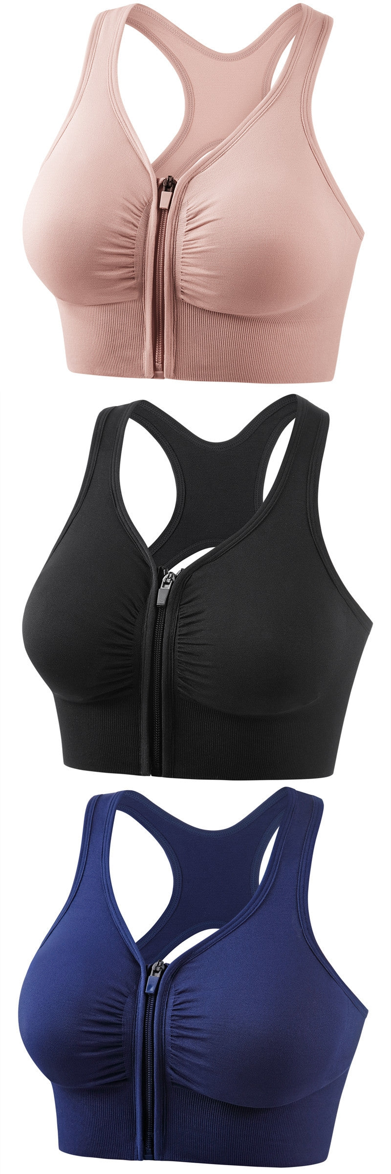 Plus size sports bra set: zip front, racerback cutout, blush pink, black, and navy