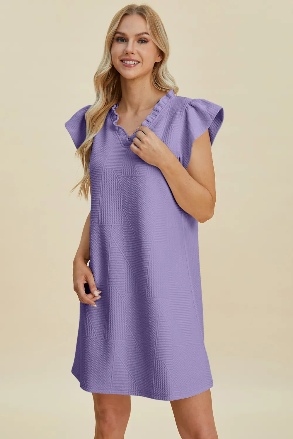 Lavender ruffled V-neck cap sleeve dress with textured pattern