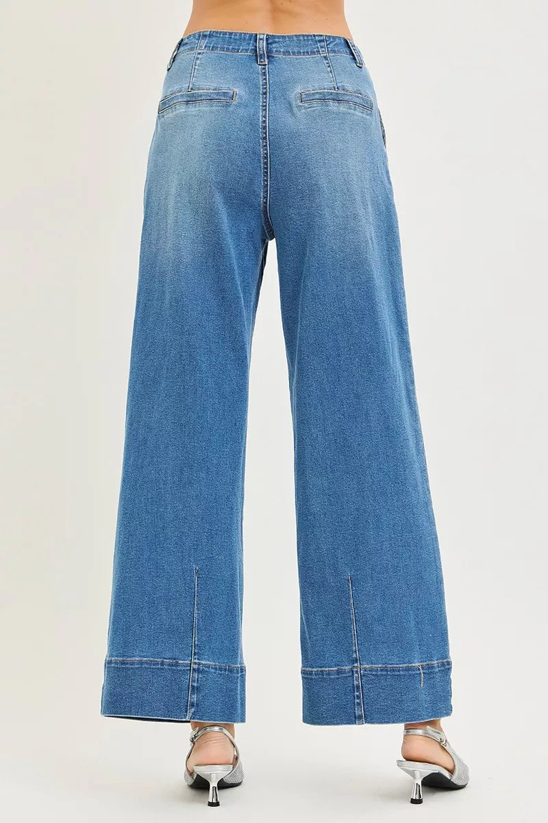 Medium-wash wide-leg jeans back view with patch pockets and center seam
